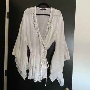 Brand New! White Cotton Gauze top with Silver Sequins and Fairy Sleeves